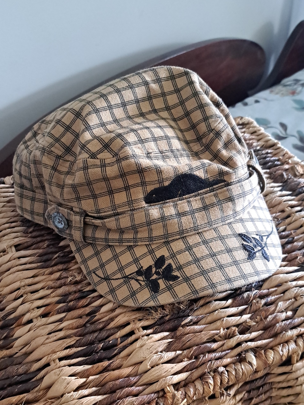 Vintage Roots Khaki Plaid Cadet Cap with Black Stitching